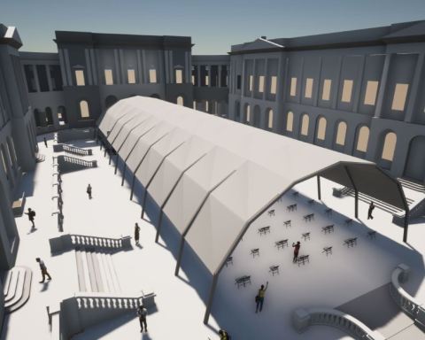 An artist impression of the University of Edinburgh's Old College Quad, one of three locations which will host live performances in temporary outdoor pavilions during the 2021 Edinburgh International Festival.